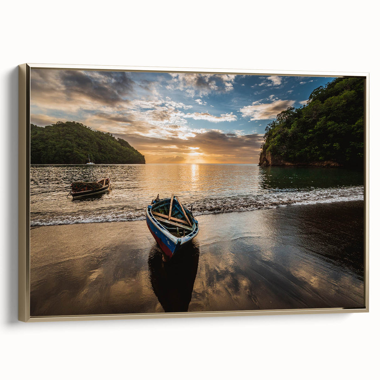 Framed canvas depicting a serene Caribbean landscape in muted earth tones, ideal for bedroom wall art.