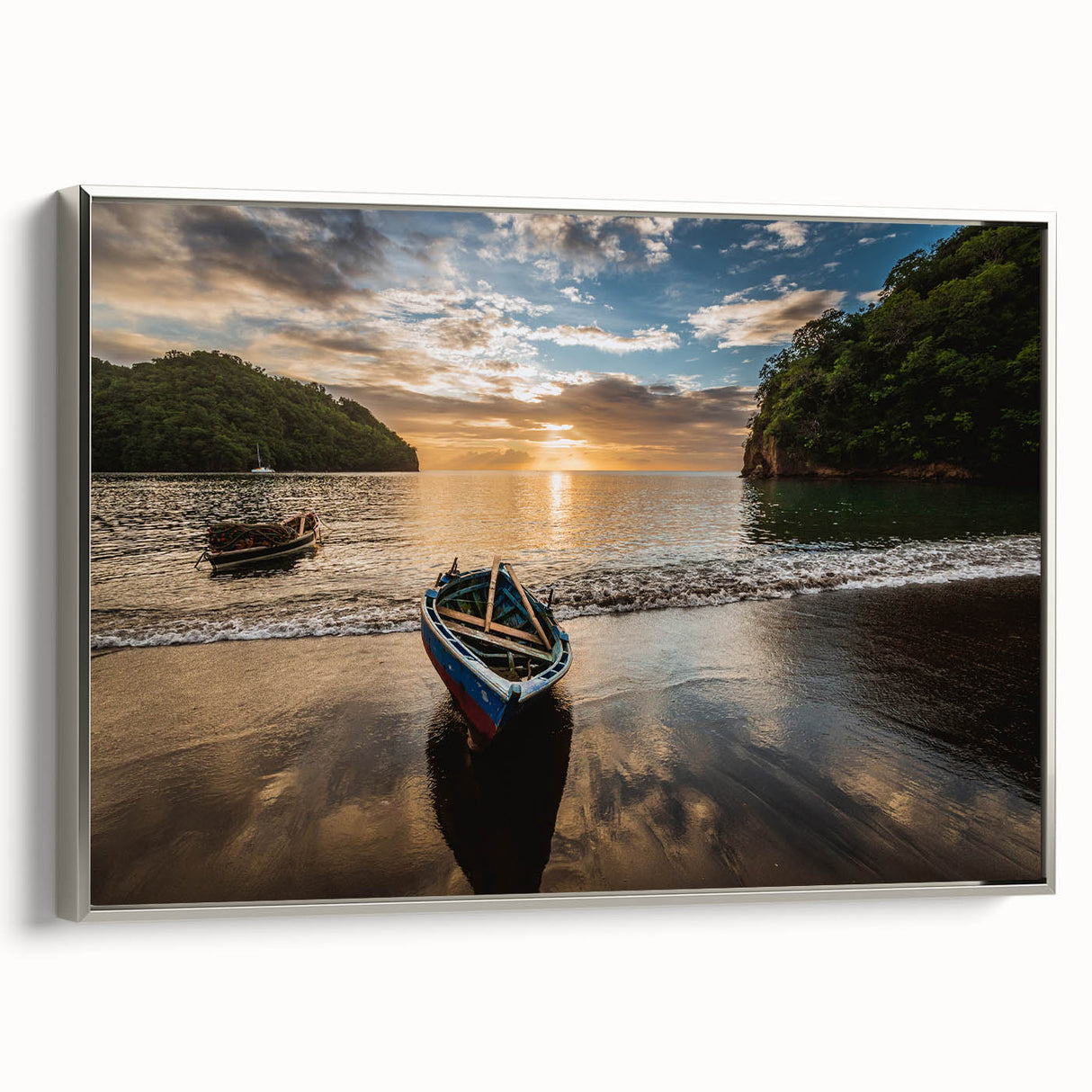 Framed canvas of a Caribbean landscape painting featuring vibrant blue and green tones, ideal for living room decor.