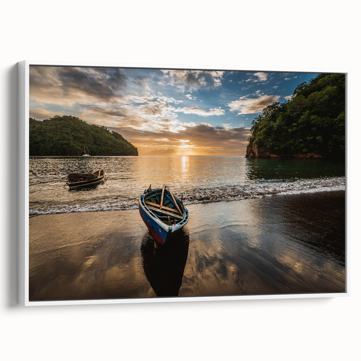 Vintage poster art of Caribbean Saint Vincent scenery on a framed canvas with vibrant colors.
