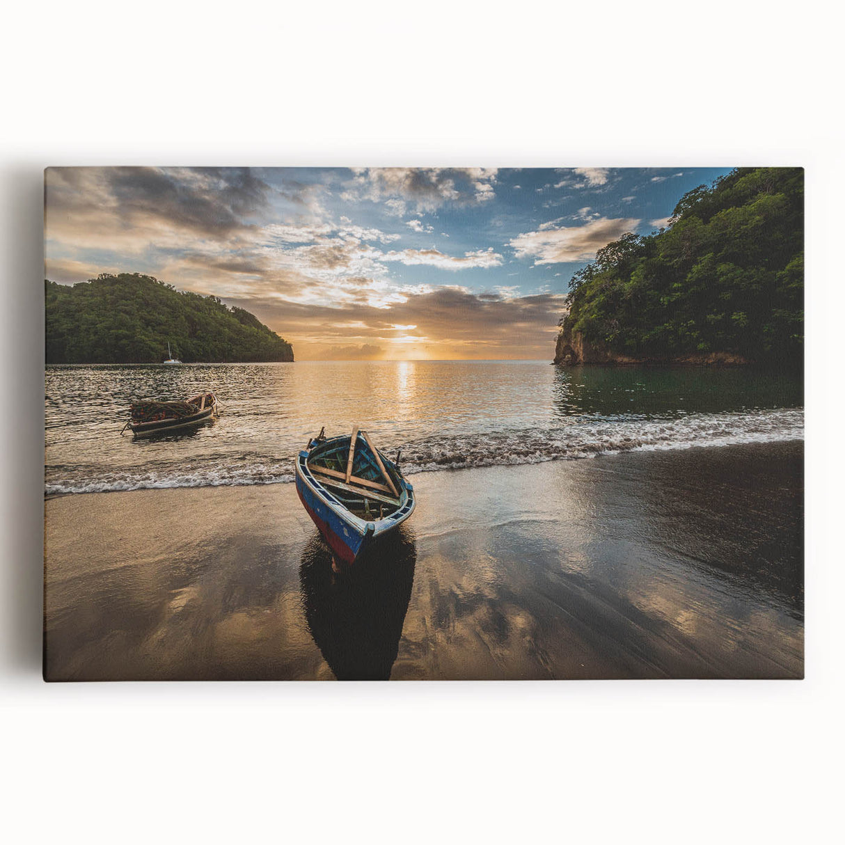 Black and white photograph of Caribbean Saint Vincent scenery on stretched canvas, ideal for kitchen wall art.
