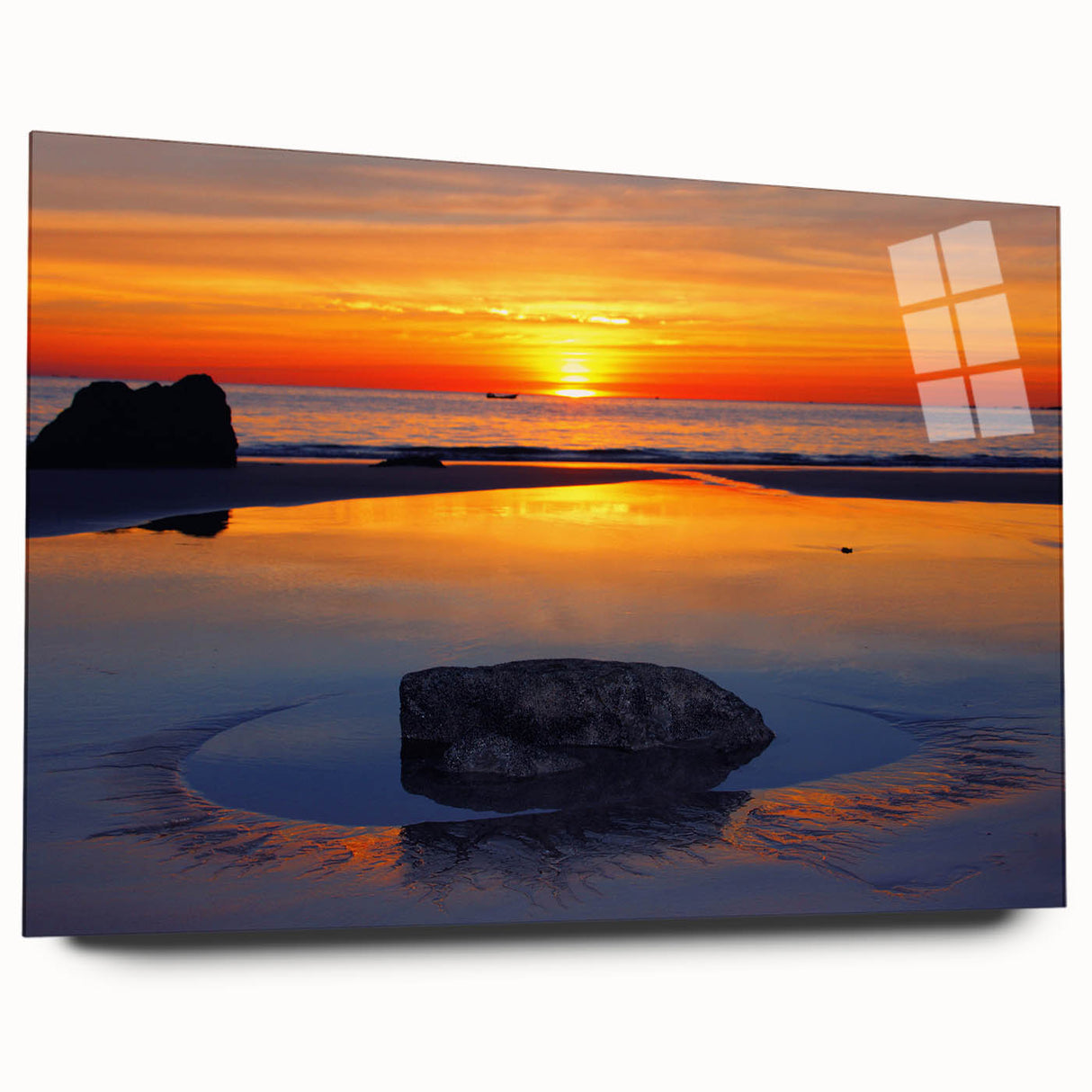 Large abstract wall art of a Caribbean seascape in vibrant blue tones on acrylic glass.