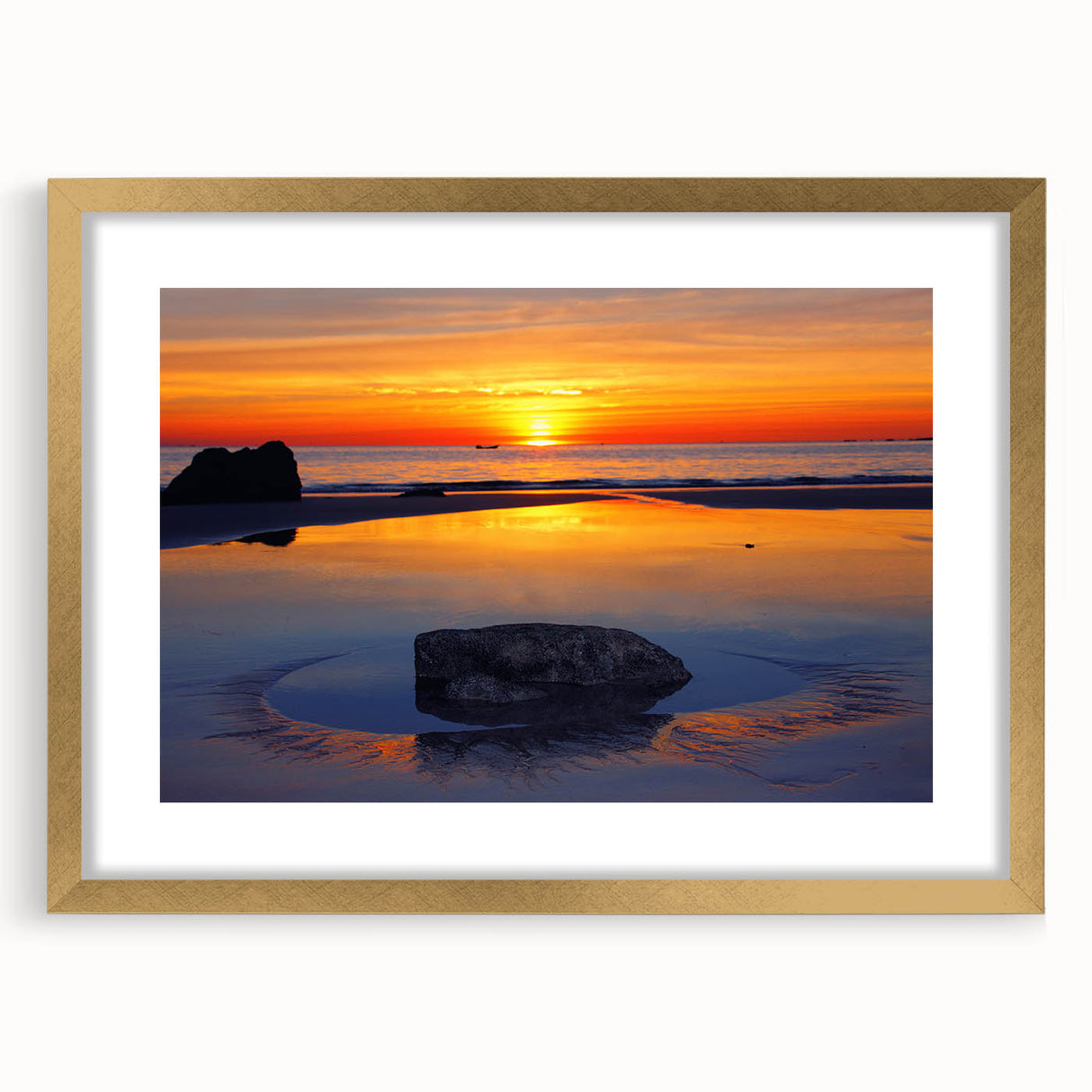 Abstract art print depicting a serene Caribbean scene in soft blue and green tones on a framed gold mat.