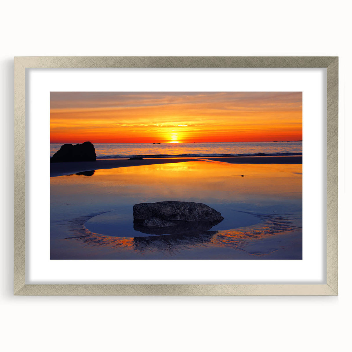 Extra large abstract art print of a Caribbean scene in silver frame, featuring textured blue and teal hues.