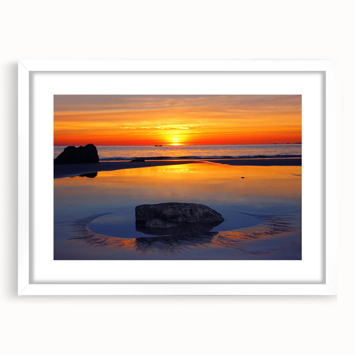 Textured art print of a Caribbean seascape in muted blue and green tones, framed in white, ideal for bedroom wall decor.