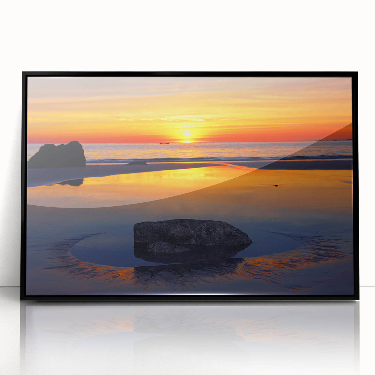 Large abstract wall art depicting a Caribbean scene in vibrant blues and greens on a framed acrylic.