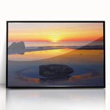 Large abstract wall art depicting a Caribbean scene in vibrant blues and greens on a framed acrylic.