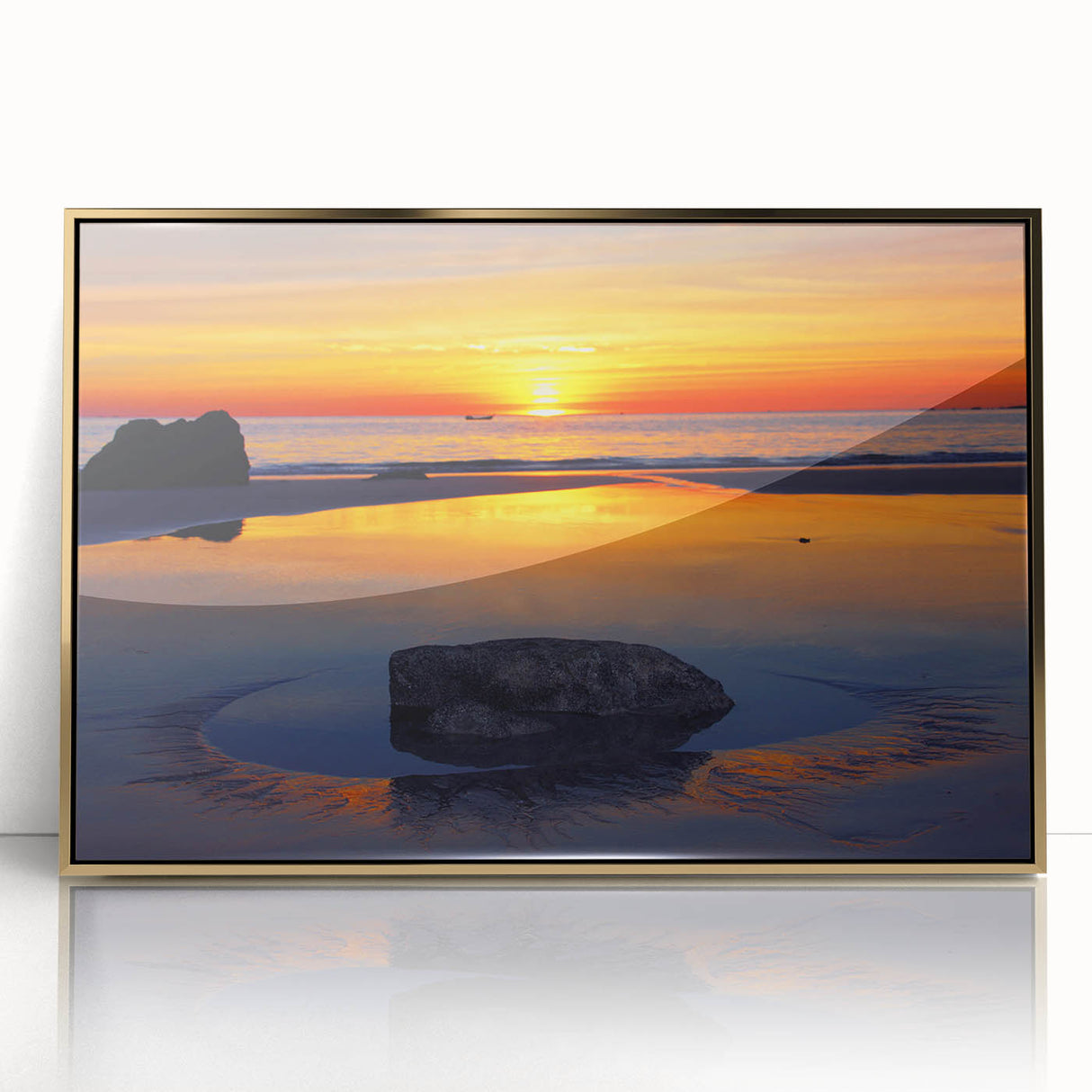 Art deco poster featuring a serene Caribbean scene with pastel blue and pink hues, framed in gold acrylic.