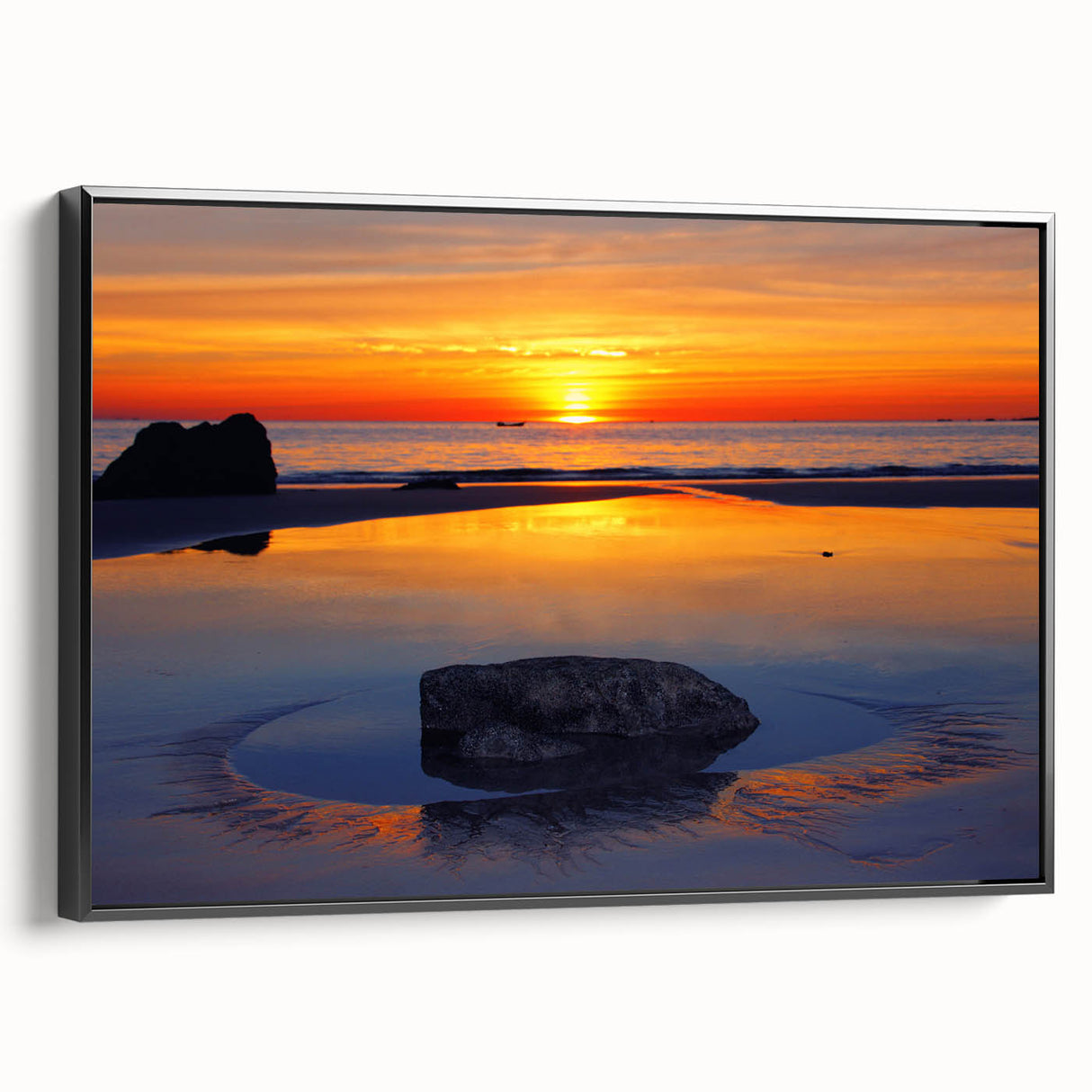 Black and white framed canvas featuring a vintage-style landscape of the Caribbean Turks, ideal for bedroom decor.