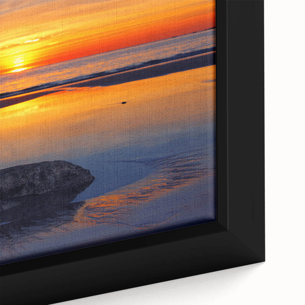 Black wall art featuring a textured Caribbean scenery on a framed canvas, with vibrant blues and greens.