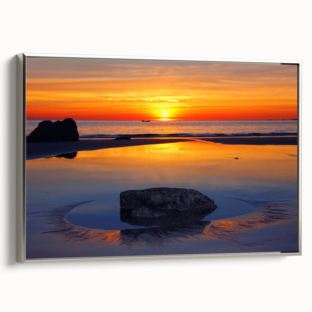 Landscape art painting of Caribbean Turks, framed canvas in silver, featuring vibrant oceanic blues and greens.