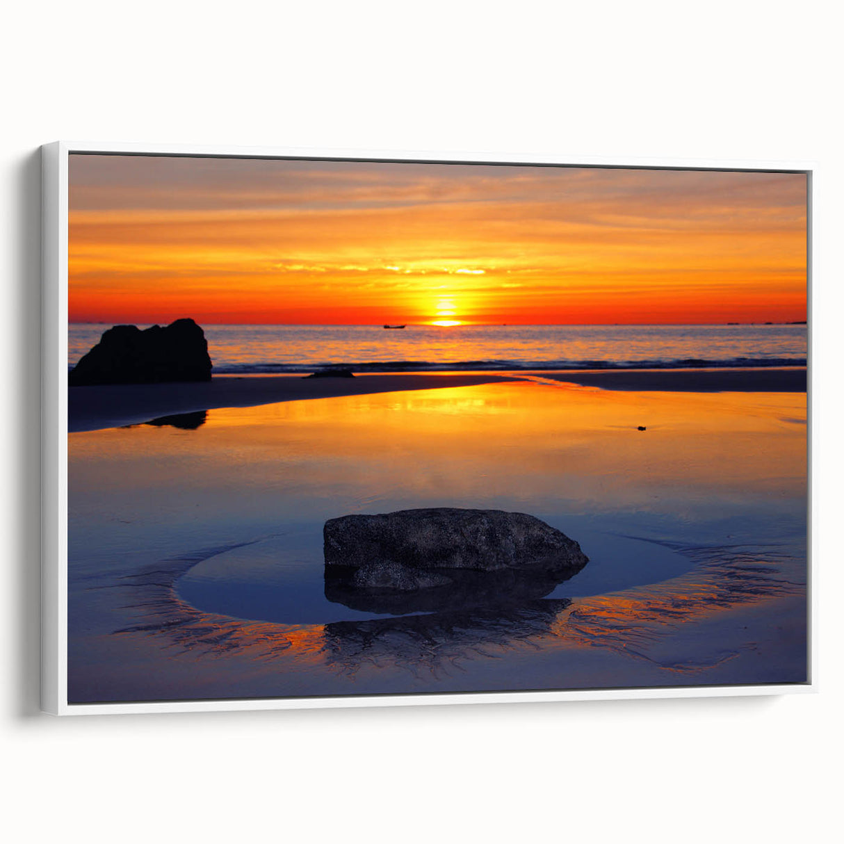 Vintage poster art of Caribbean scenery on framed canvas, featuring vibrant blue and green tones.