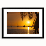 Extra large, colorful art print of abstract Caribbean scenery on textured canvas, framed in black.