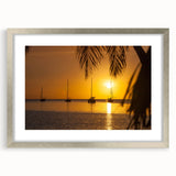 Extra large abstract art print of Caribbean Virgin Islands in muted blue and green hues, framed with a silver mat.