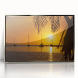 Large art print of the Caribbean Virgin Islands in muted blue and green tones, framed in silver acrylic.