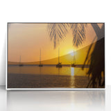 Mid-century modernist art depicting the Caribbean Virgin Islands in soft blue and white tones on a framed acrylic.