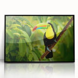 Large abstract wall art depicting a Central American landscape in vibrant colors, framed in black acrylic.