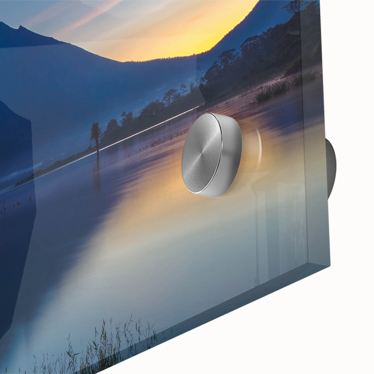 Large abstract wall art of a Costa Rican landscape in mid-century modernist style, displayed on acrylic glass.