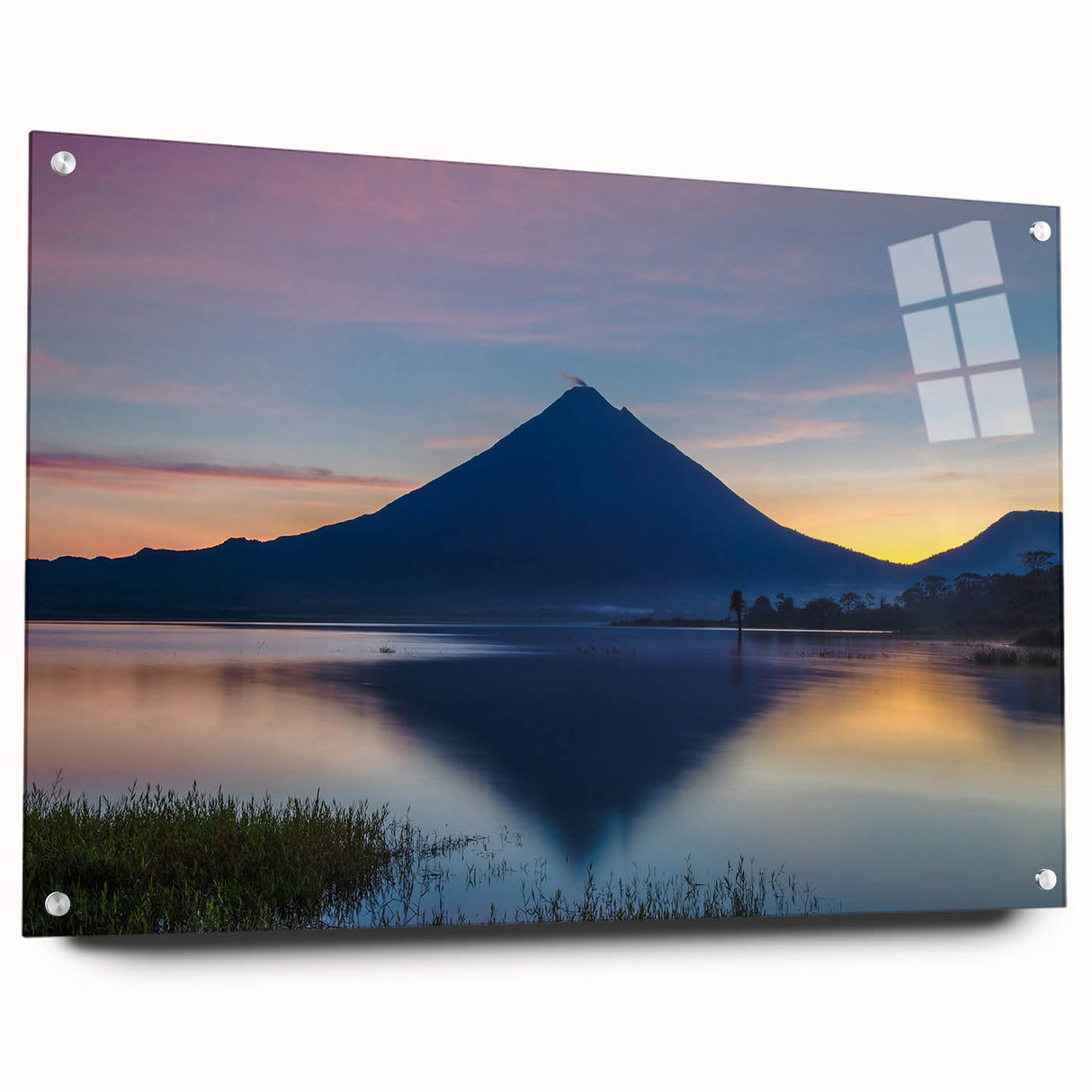 Acrylic print of a Costa Rican landscape with lush greenery and distant mountains, suitable for bedroom or dining room decor.