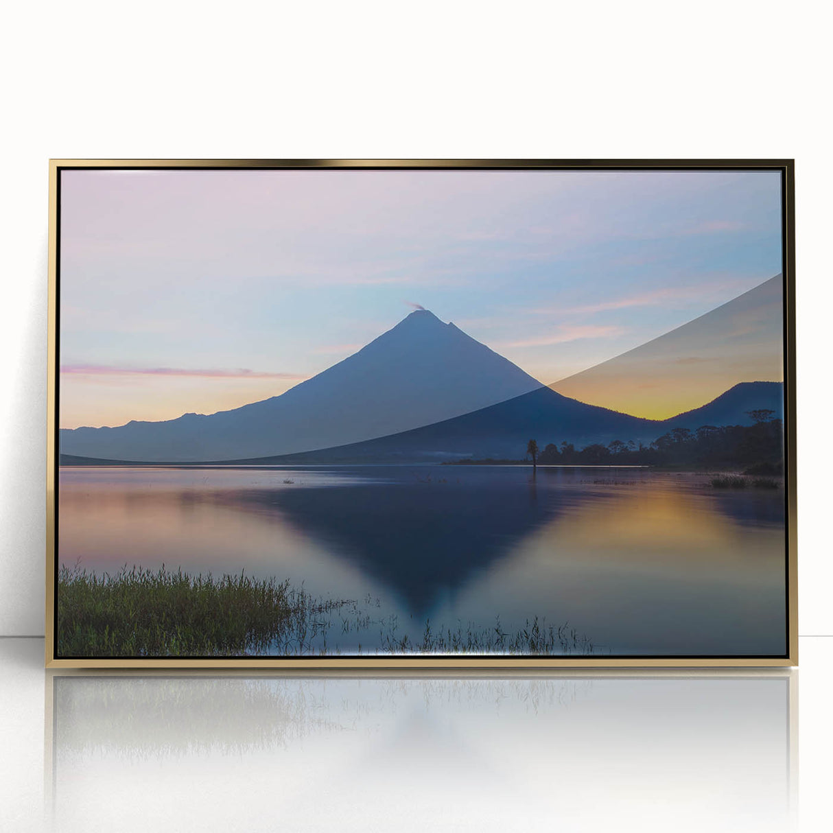 Large art print of a Costa Rican scenery in mid-century modernist style, framed in gold acrylic.