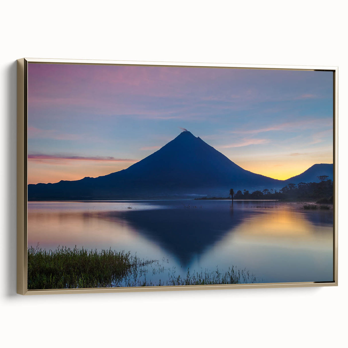 Framed canvas featuring a vintage-style landscape painting of a Costa Rican scenery in muted greens and browns.