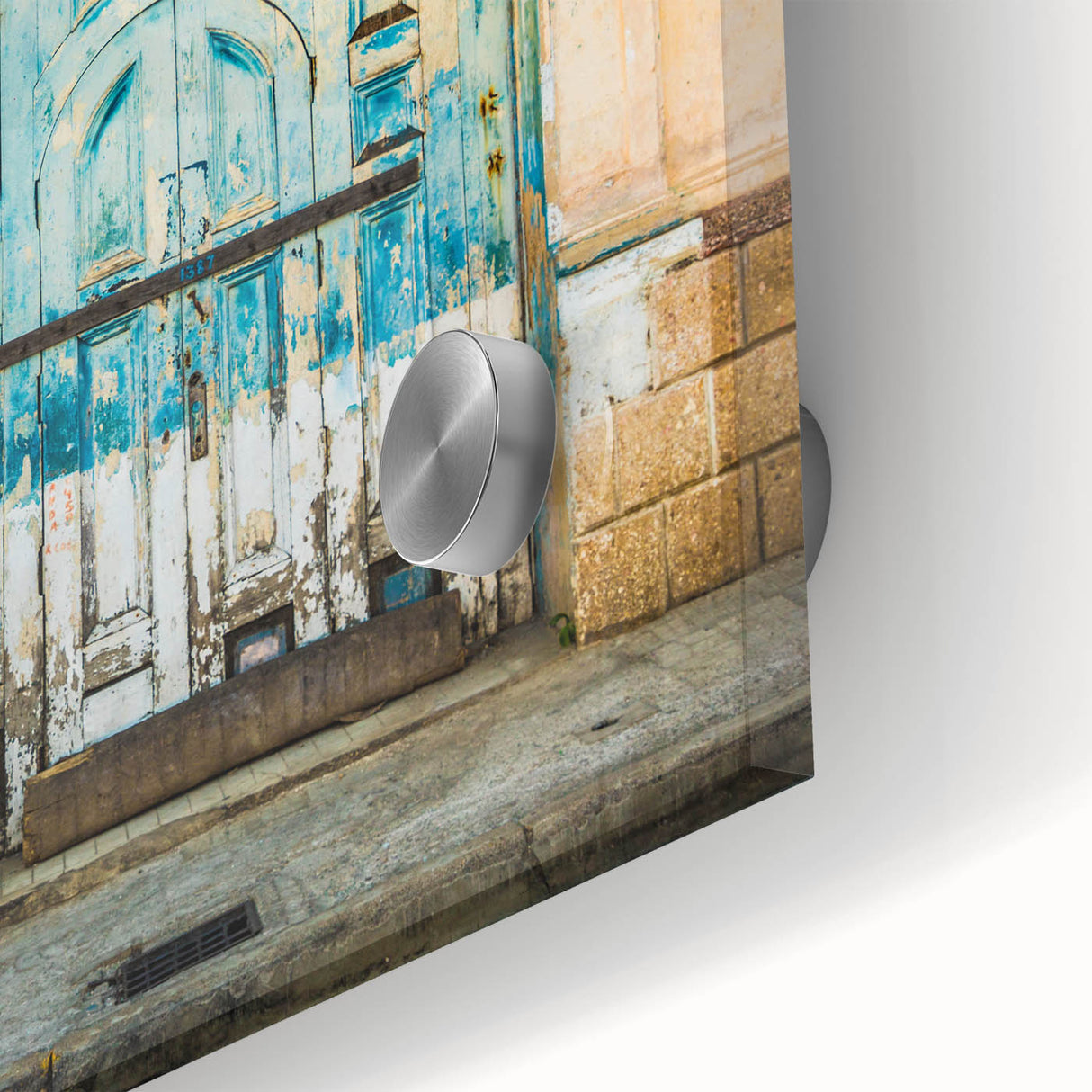 Large abstract wall art featuring vibrant blue and green hues on acrylic glass, ideal for dining room ambiance.