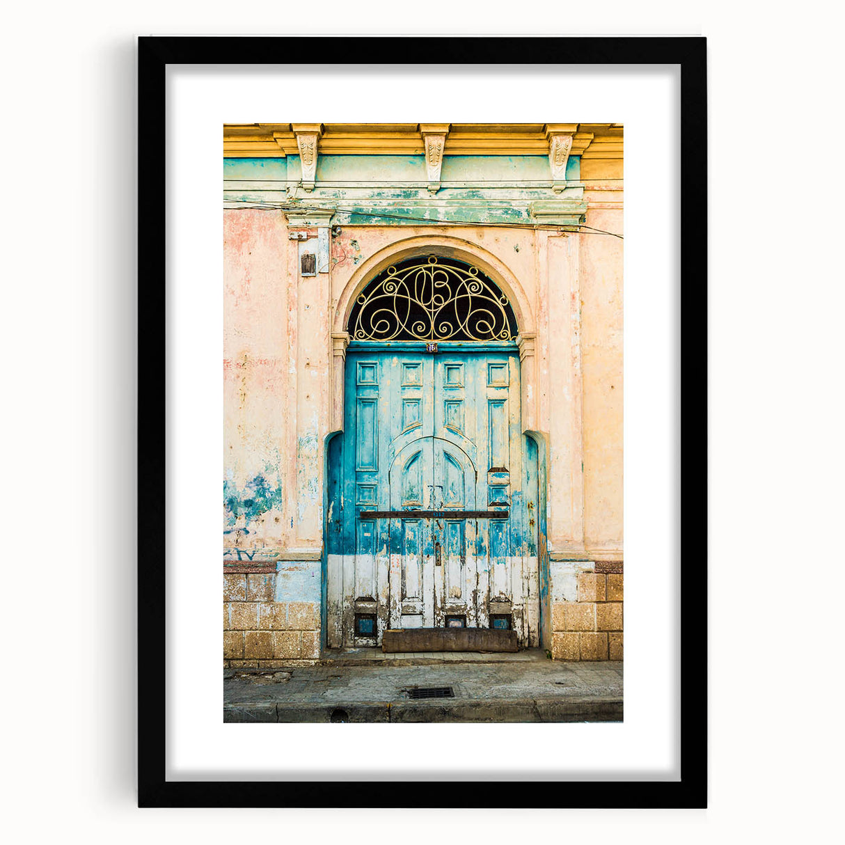 Colorful abstract art print of a Central American scenery in vibrant hues on a textured, extra large canvas, framed in black.
