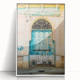 Art Deco poster of El Salvador scenery in muted blues and greens, framed acrylic, ideal for modern nursery wall art.