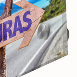 Mid-century modernist large abstract wall art of a Central American landscape in vibrant hues on acrylic glass.