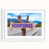 Abstract art print of a vibrant Central American landscape, framed in white, ideal for dining room decor.