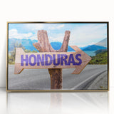 Framed acrylic print of a Central American landscape in gold tones, ideal for modern art wall decor.