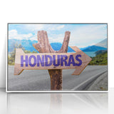 Art deco poster of a Central American landscape in pastel shades on framed acrylic, suitable for modern nursery decor.