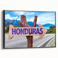 Black and white framed canvas featuring a vintage-style landscape of Honduras, ideal for bedroom wall decor.