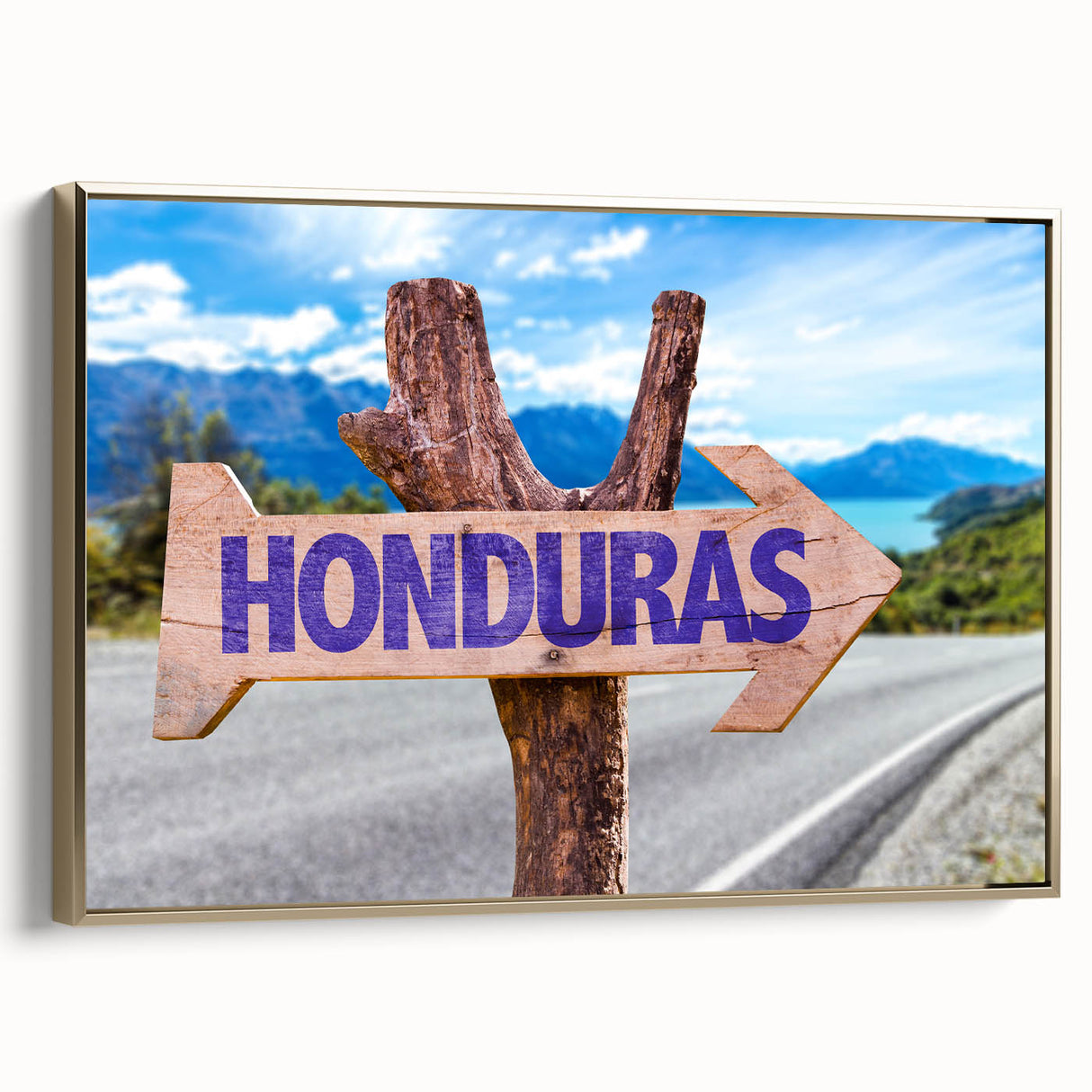 Framed canvas featuring a vintage-style landscape painting of Central America with predominant black and gold tones.