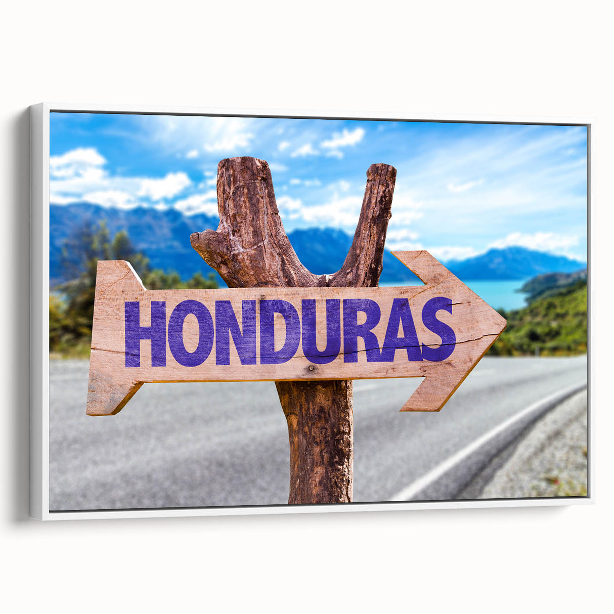 Framed canvas of a vintage poster art depicting a colorful Central American scenery, ideal for living room decor.