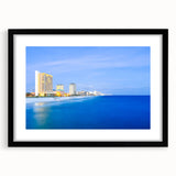 Extra large abstract art print of a colorful Central American scenery, textured on a black framed mat.