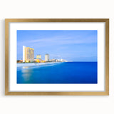 Textured abstract art print of a Central American scenery in muted earth tones, framed in gold, ideal for bedroom decor.