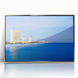 Mid-century modernist art depicting a serene Panama landscape in muted earth tones, framed in silver acrylic.