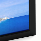 Extra large framed canvas featuring a textured depiction of a Central American scenery in black with colorful accents.
