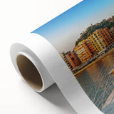 Art deco poster of a serene Albanian landscape in soft pastel shades on rolled canvas, suitable as nursery wall art.