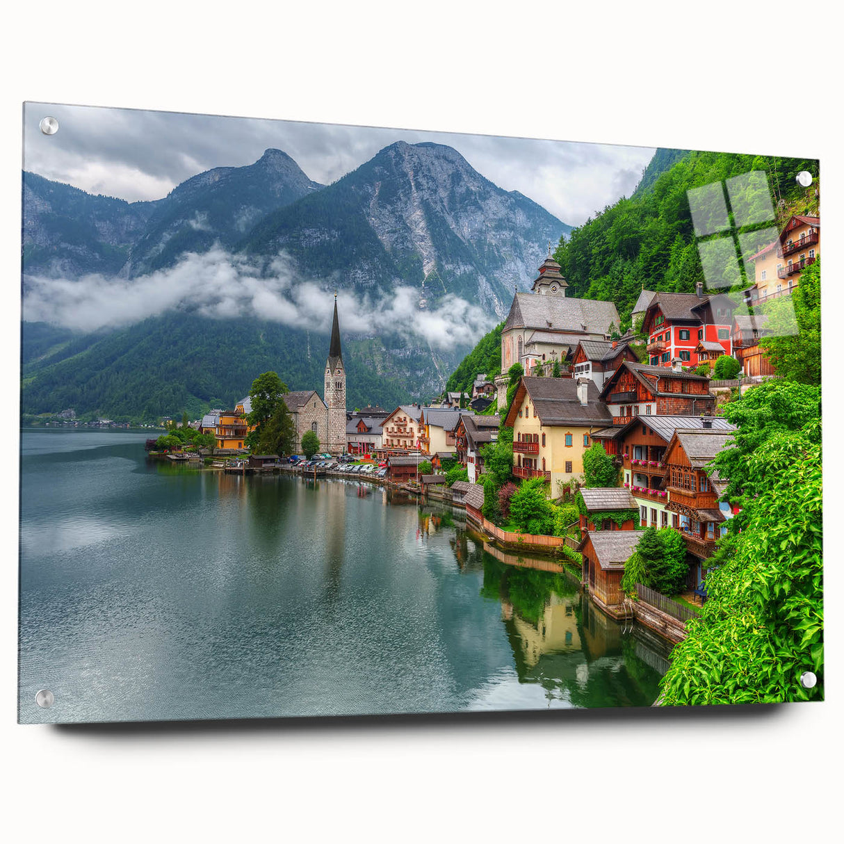 Large abstract depiction of a European scenery in muted earth tones on acrylic glass.