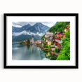 Extra large abstract art print of a vibrant, colorful European scenery on a textured canvas, framed in black.