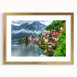 Abstract art print of a European scenery in gold frame with mat, featuring muted earth tones, ideal for dining room decor.