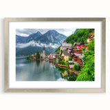 Extra large abstract art print of a textured European scenery in muted earth tones, framed in silver.