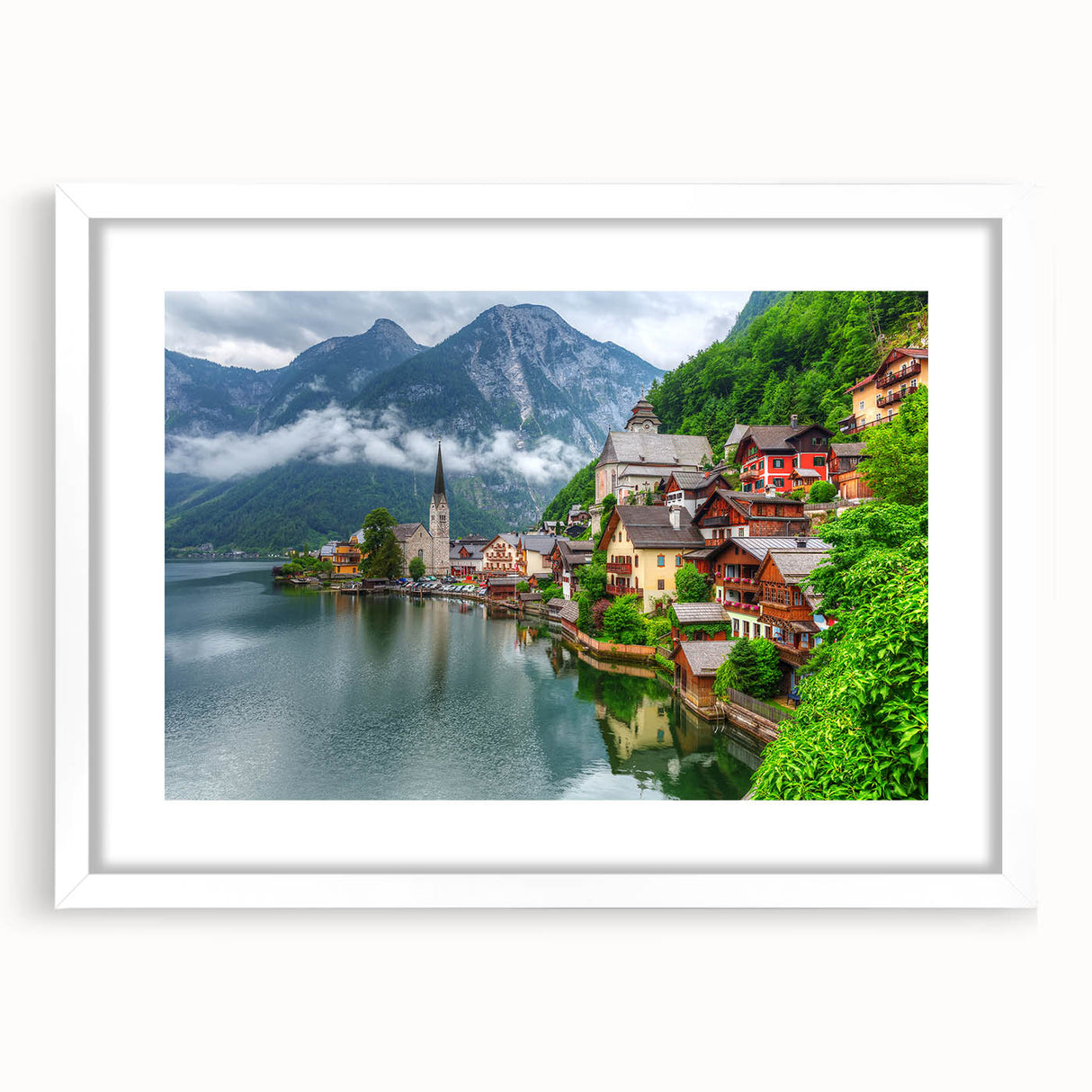 Textured abstract art print depicting a European scenery in muted earth tones, framed in white, ideal for bedroom art.