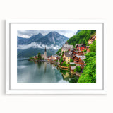 Textured abstract art print depicting a European scenery in muted earth tones, framed in white, ideal for bedroom art.