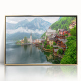 Art deco poster of a European Austrian landscape in muted gold tones, framed acrylic, ideal for modern art wall decor.