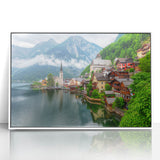 Mid-century modernist art of a European landscape in muted green and blue tones, framed acrylic, ideal for nursery wall art.