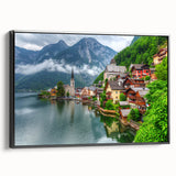 Black and white framed canvas featuring a vintage-style landscape painting of an Austrian scenery, ideal for bedroom decor.