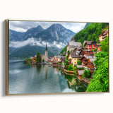 Landscape painting of an Austrian village on framed canvas, featuring muted earth tones, ideal for bedroom wall decor.