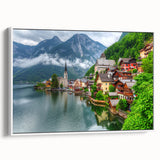 Vintage poster art featuring a colorful Austrian landscape on extra large framed canvas, ideal for living room decor.